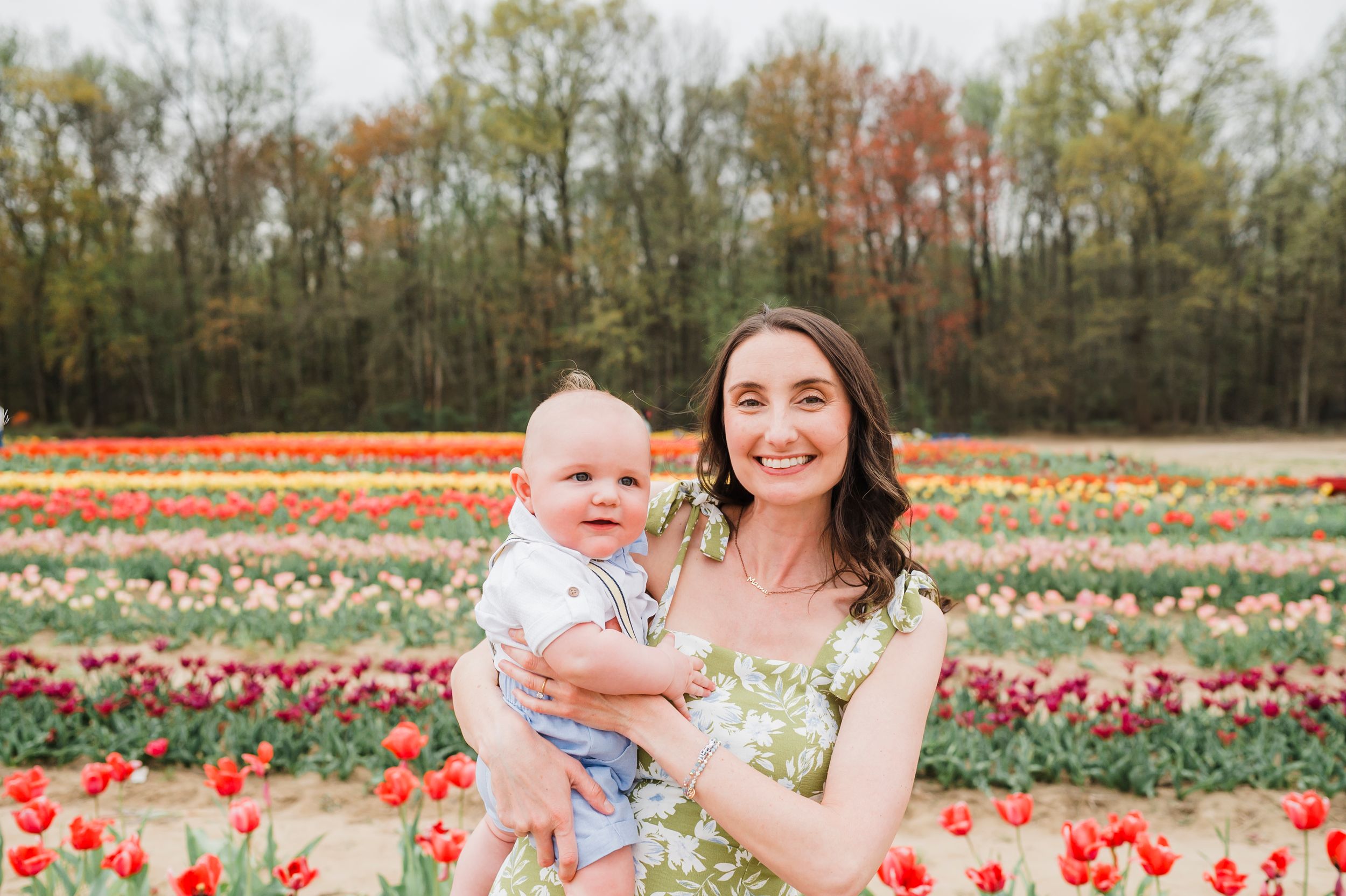 People enjoying a colorful tulip field with red and pink flowers on a spring day in the countryside.