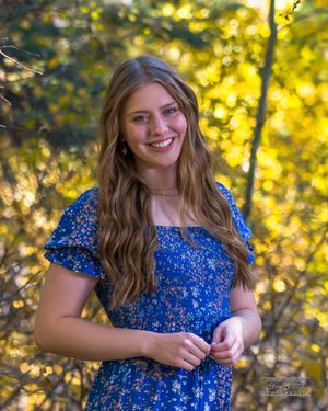 A person in a royal blue dress stands outdoors amidst golden autumn foliage creating a vibrant portrait setting.