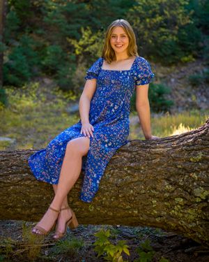 Someone in a blue floral dress sits on a fallen tree trunk in an outdoor setting with green foliage in the background.