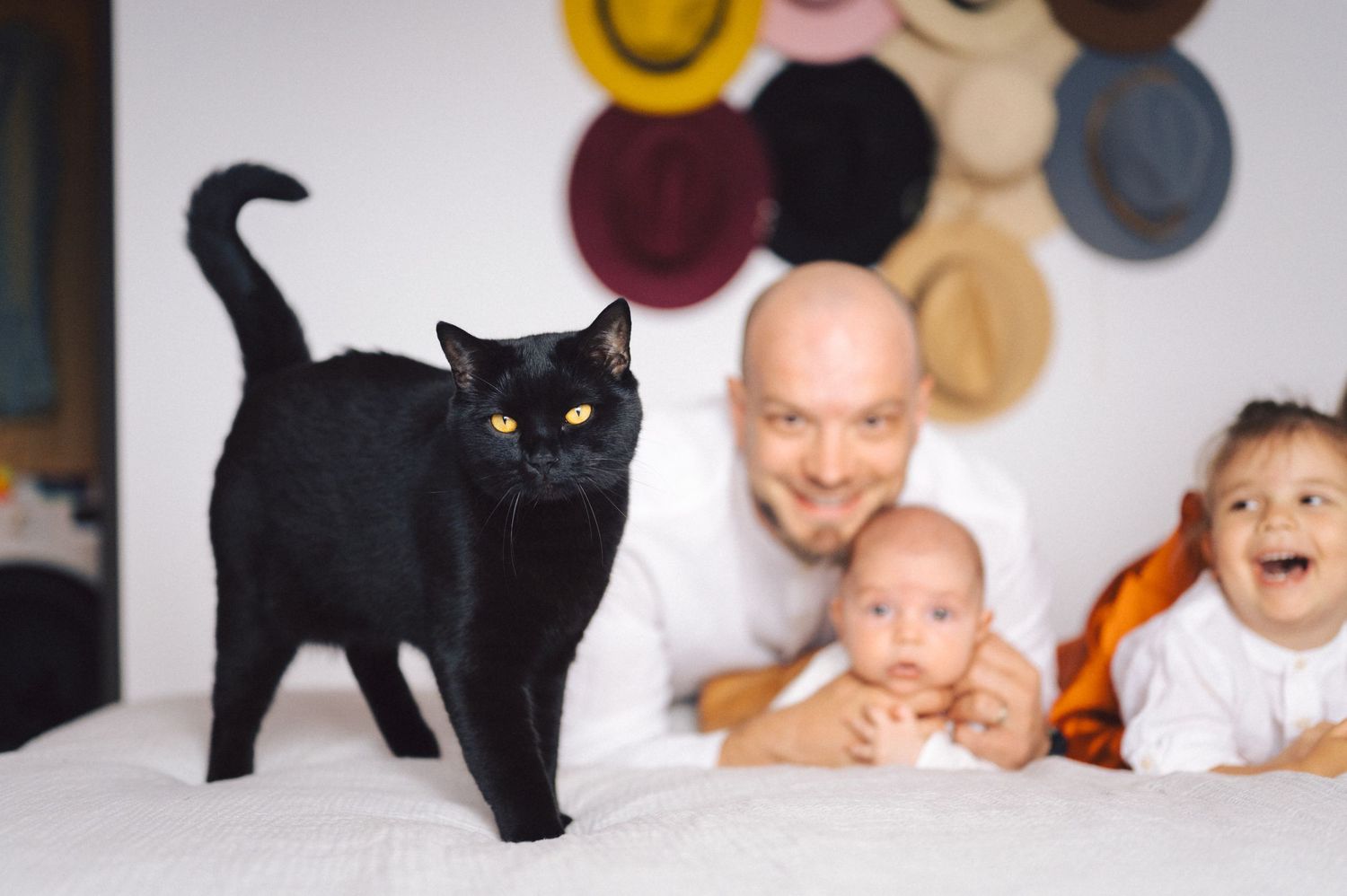 Black cat stands on white bedding alongside family members enjoying playful moment with colorful wall decor.