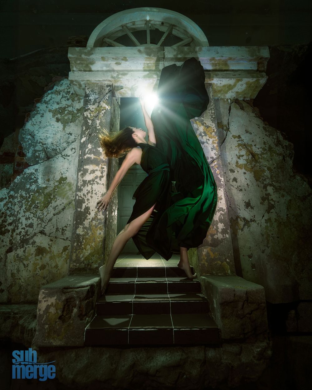 Silhouette figure illuminated by flashlight explores dark abandoned basement tunnel with crumbling stone walls.