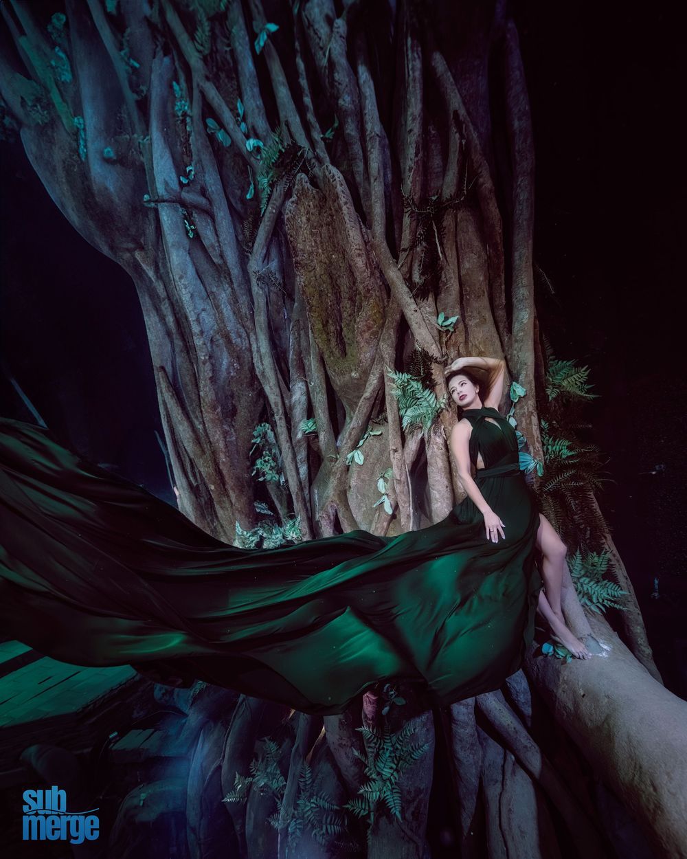 A dramatic dance performance sequence photographed in front of a large illuminated tree trunk with green lighting effects.