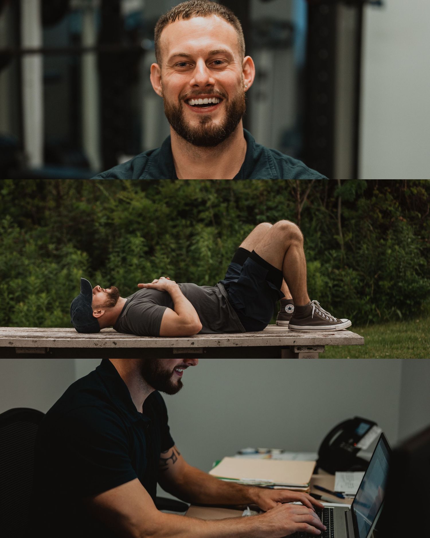 Someone working on laptop while smiling and interacting in a professional office workspace.