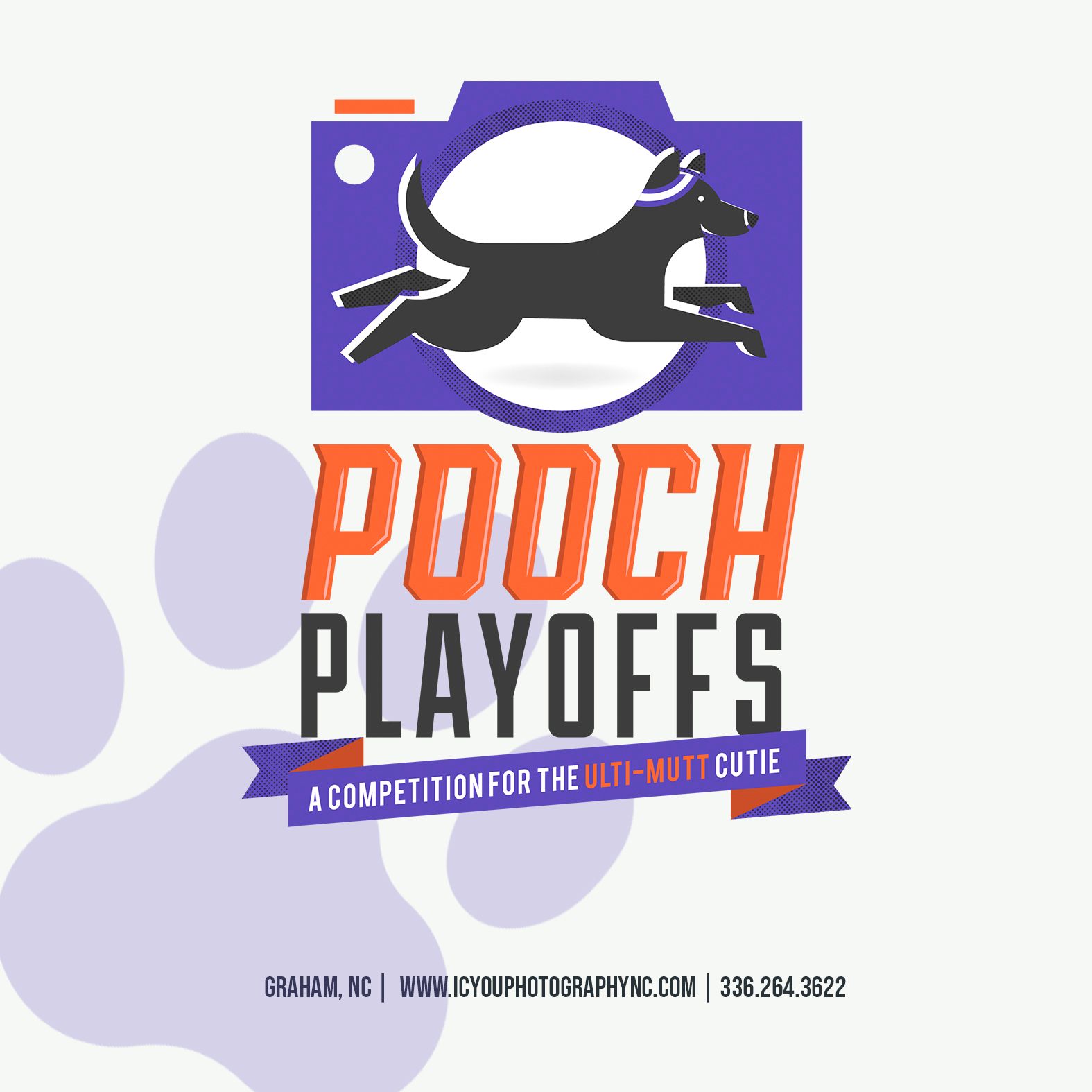 Pooch Playoffs pet photography competition logo featuring a jumping dog silhouette in purple and orange design.