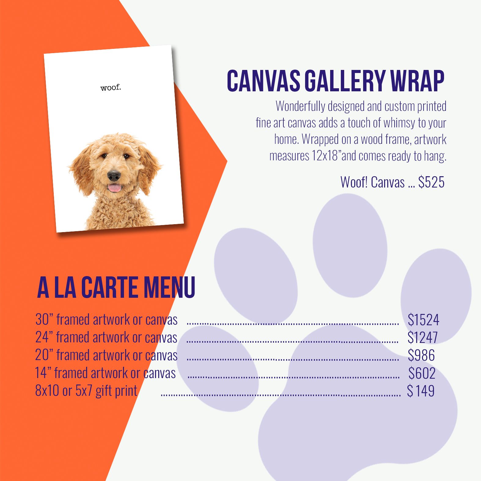 Canvas gallery wrap and a la carte menu pricing guide for professional pet portrait photography services.