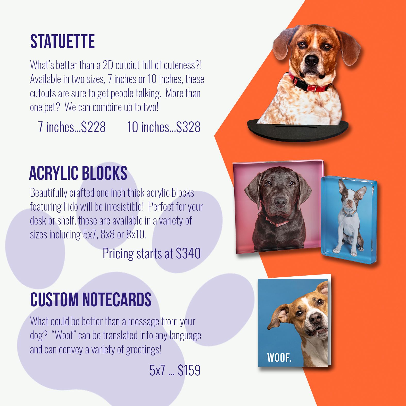 Pet photography product menu featuring statuette cutouts, acrylic blocks, and custom notecards with pricing details.