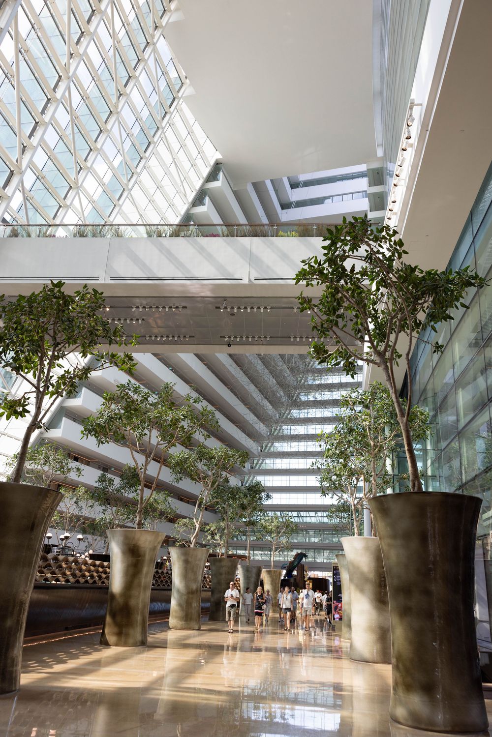 Modern office atrium with tall glass ceiling, potted trees and polished floors creating a bright, airy architectural space.