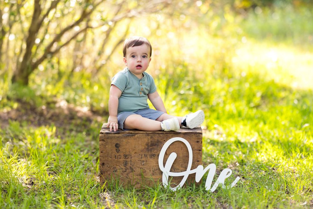 Toddler dressed in blue sitting on rustic wooden box in a sun-dappled garden setting during golden hour.