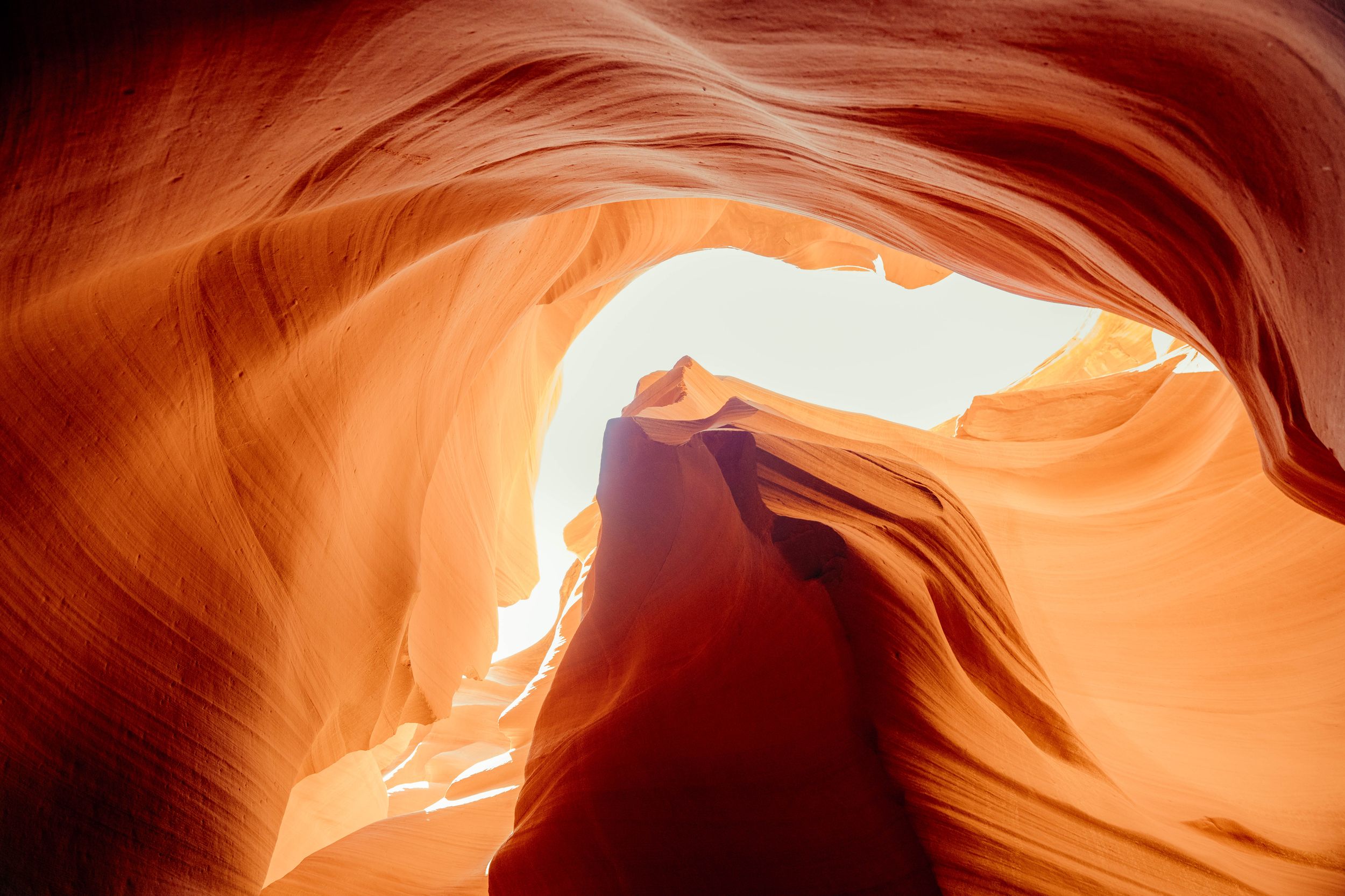Sunlight filters through the curved sandstone walls of Antelope Canyon creating dramatic orange and red patterns.