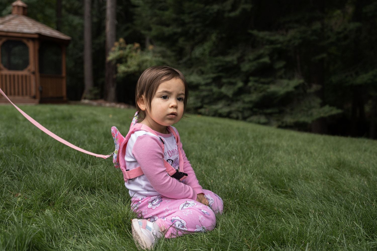 A child in pink pajamas sits on a grassy hill with a gazebo visible in the background.