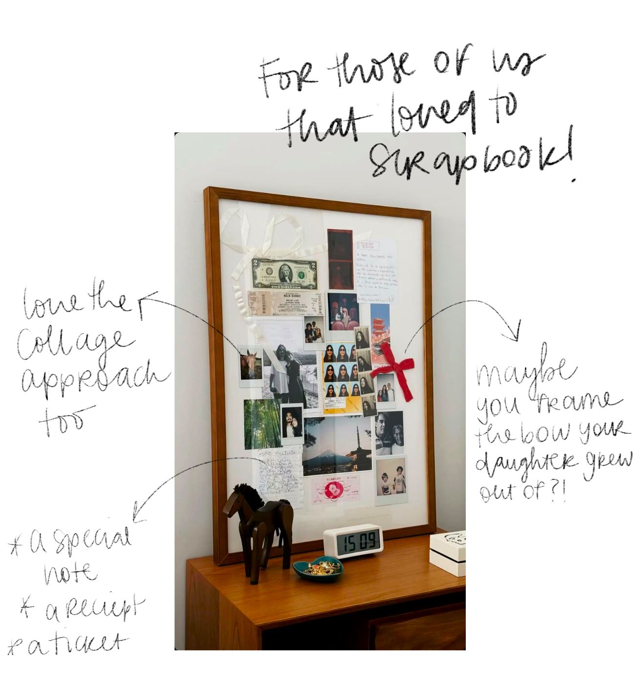 Collection of framed photos and artwork arranged on a wooden cabinet displaying personal memories and decor.