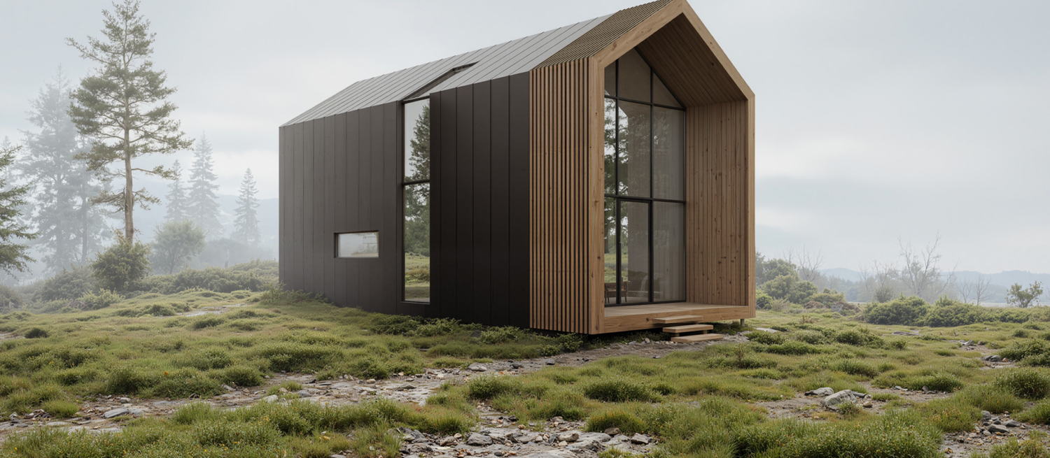 Modern wooden cabin sits in misty mountain landscape with dramatic foggy panoramic views stretching into distance.