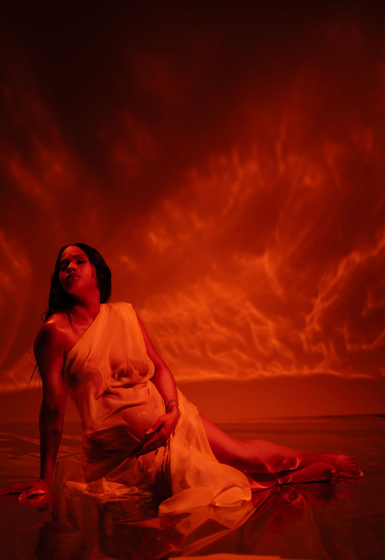 A dark and moody scene with red and orange lighting creates a dramatic atmospheric ambiance in sequential shots.