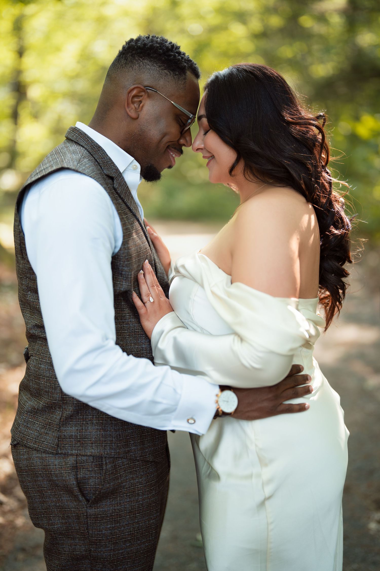 A romantic sequence of wedding photos showing a couple in formal attire embracing outdoors with natural lighting.
