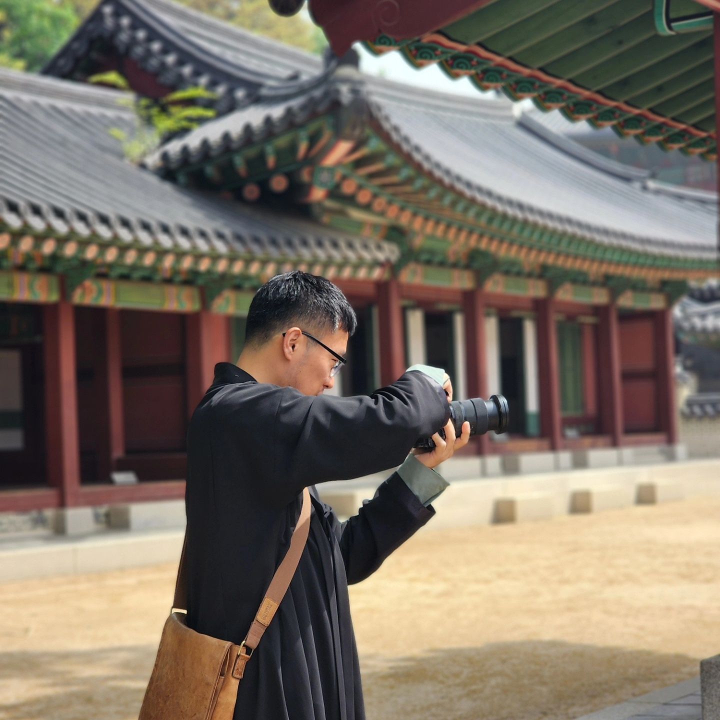 Traditional Korean palace architecture with curved tile roofs and ornate wooden buildings viewed in sequence.