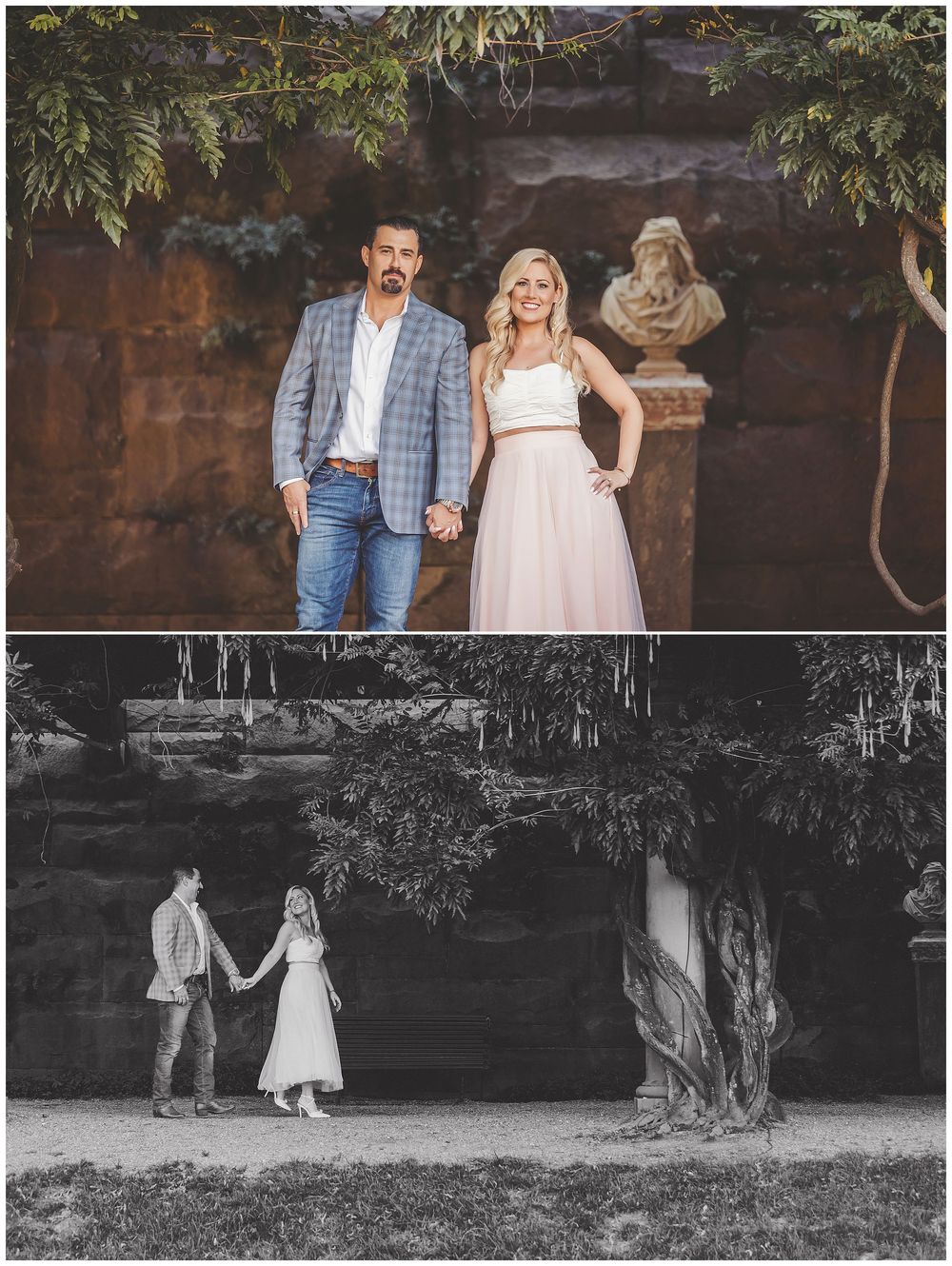A couple poses together in a rustic outdoor setting with natural greenery and stone walls for their wedding photos.