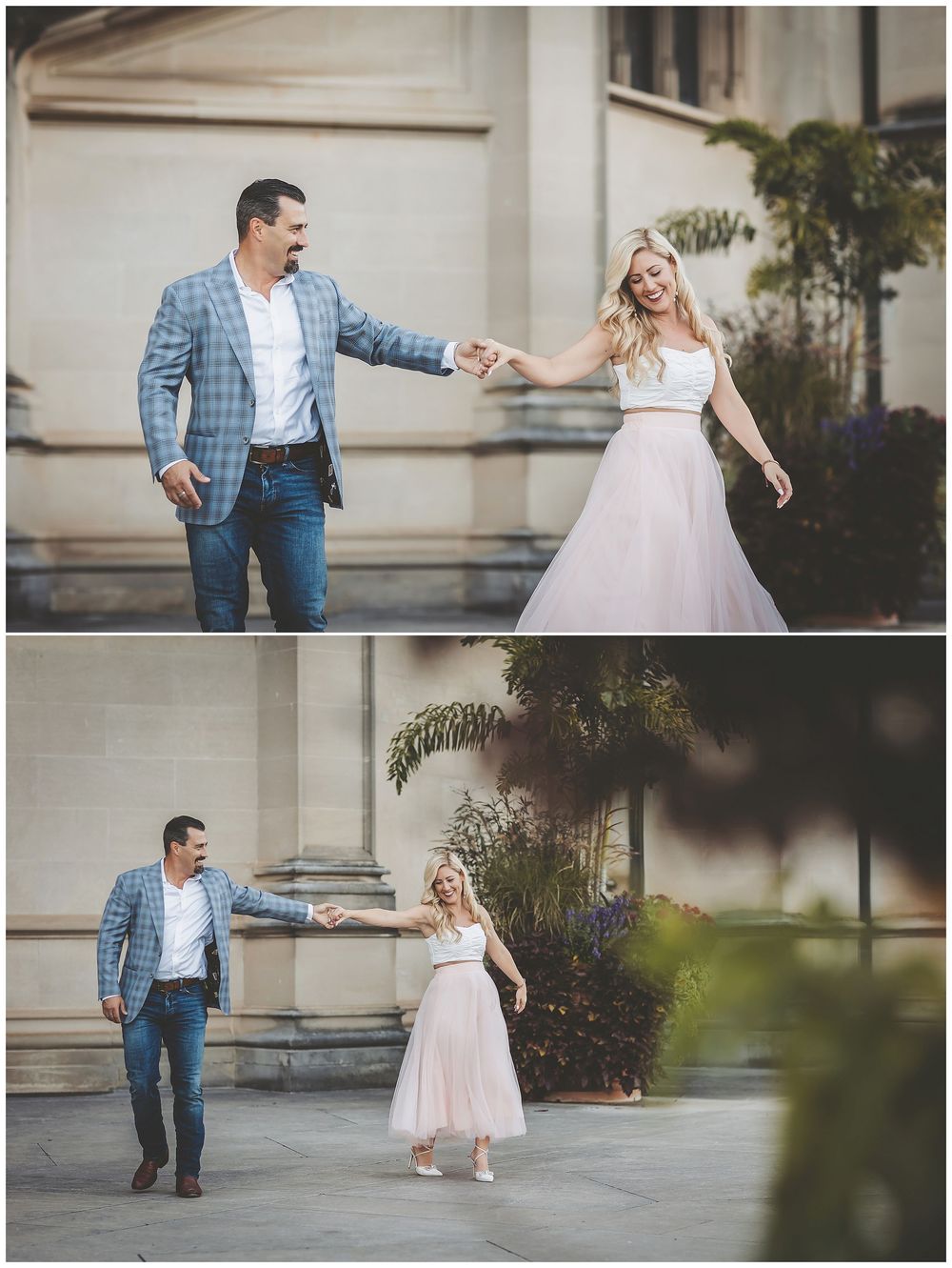 A couple in formal attire dance together on a stone patio during a romantic outdoor photoshoot.