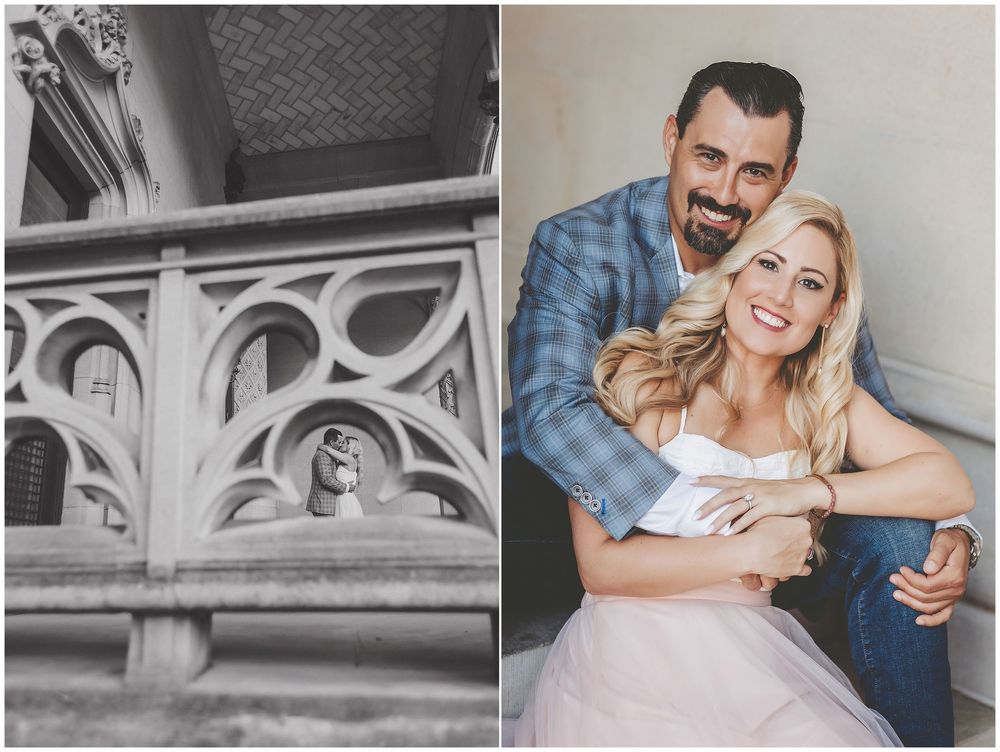 A collection of architectural detail shots and intimate couple photos showing romantic moments and embraces.