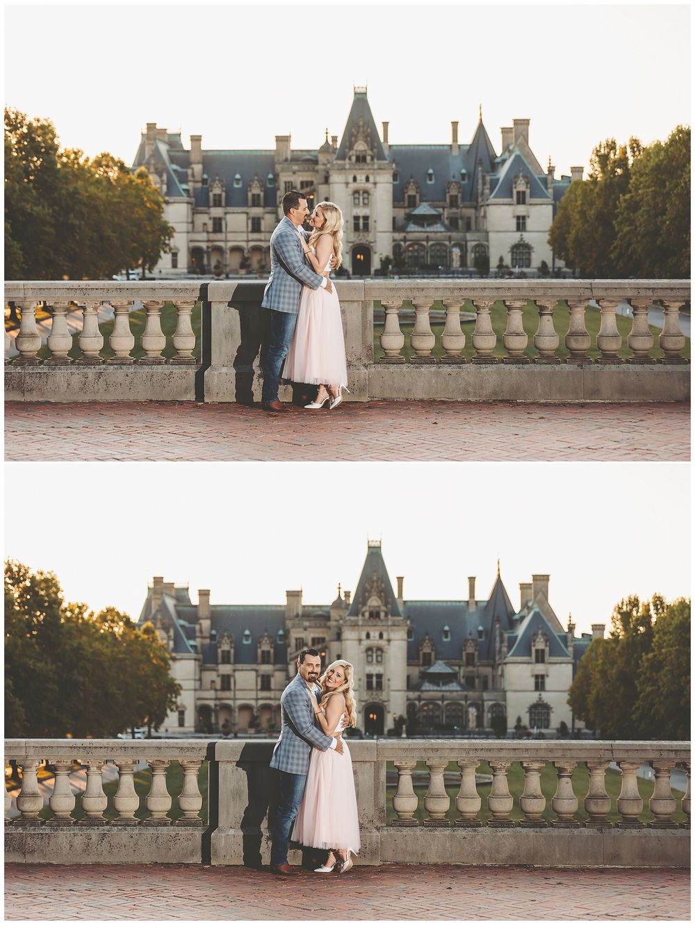Romantic couple stands together on a stone balcony at the historic Biltmore Estate during golden hour sunset.