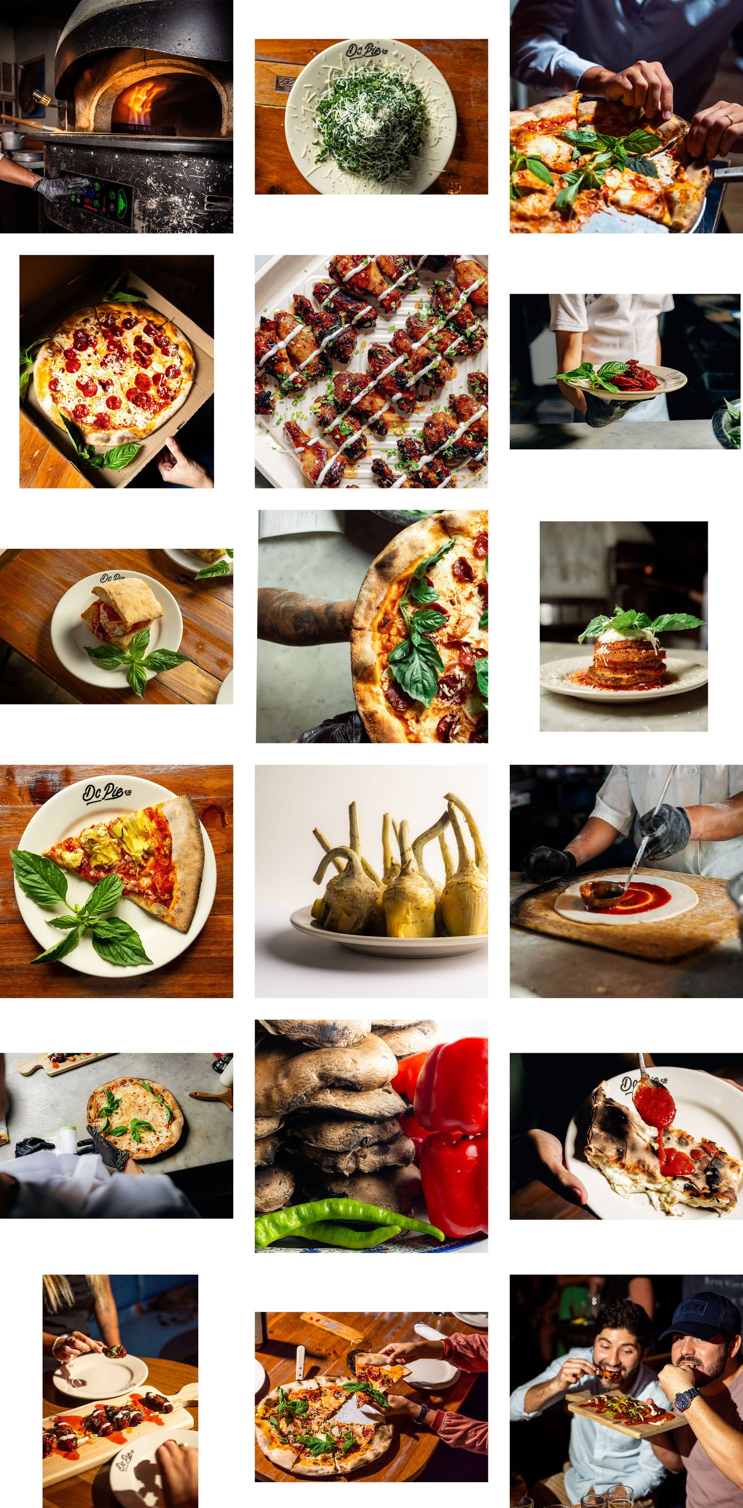 A collection of food photography showcasing various dishes including pizzas, salads, and grilled meats on wooden serving boards.