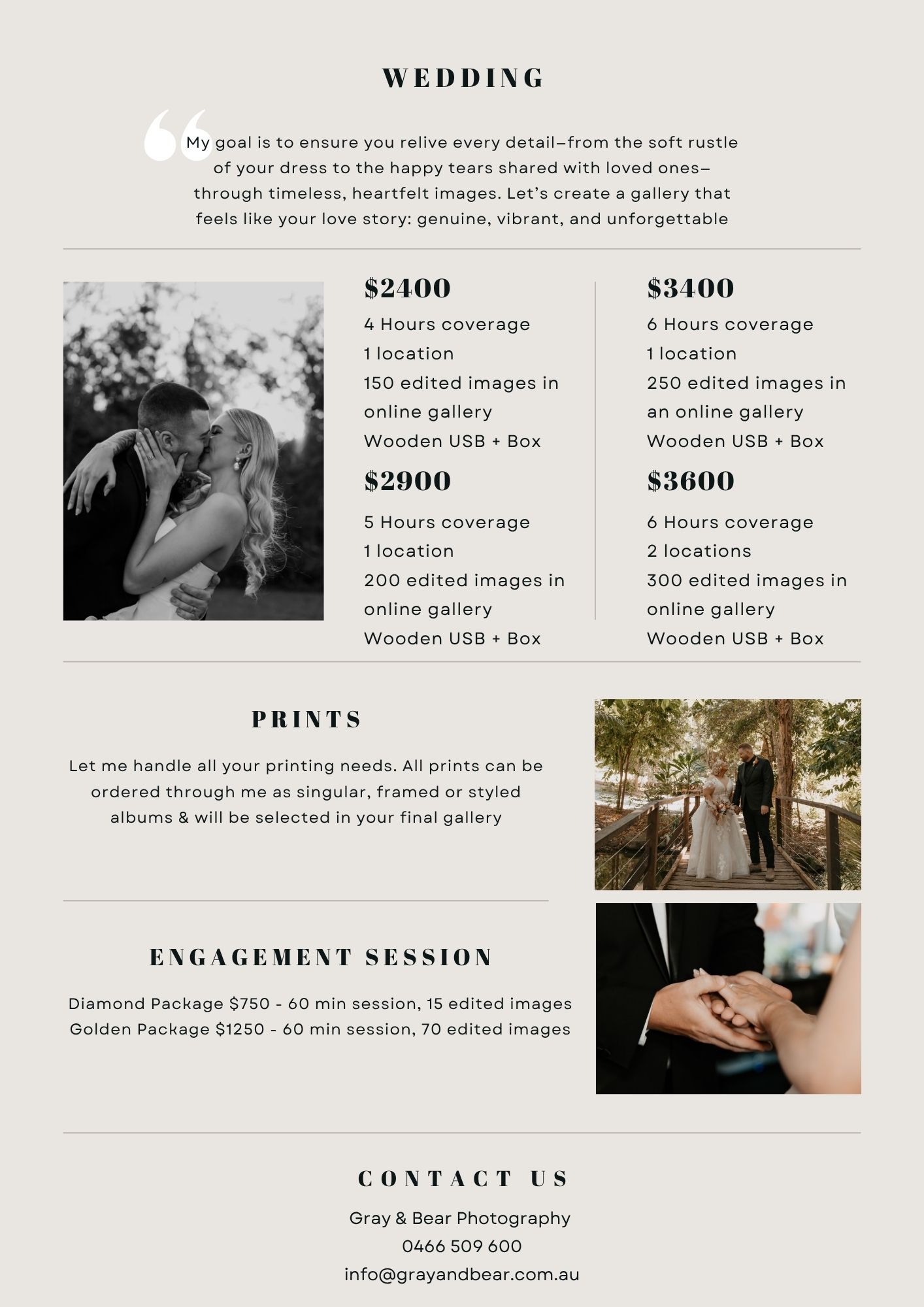 Wedding photography pricing menu showing package options and engagement session details.