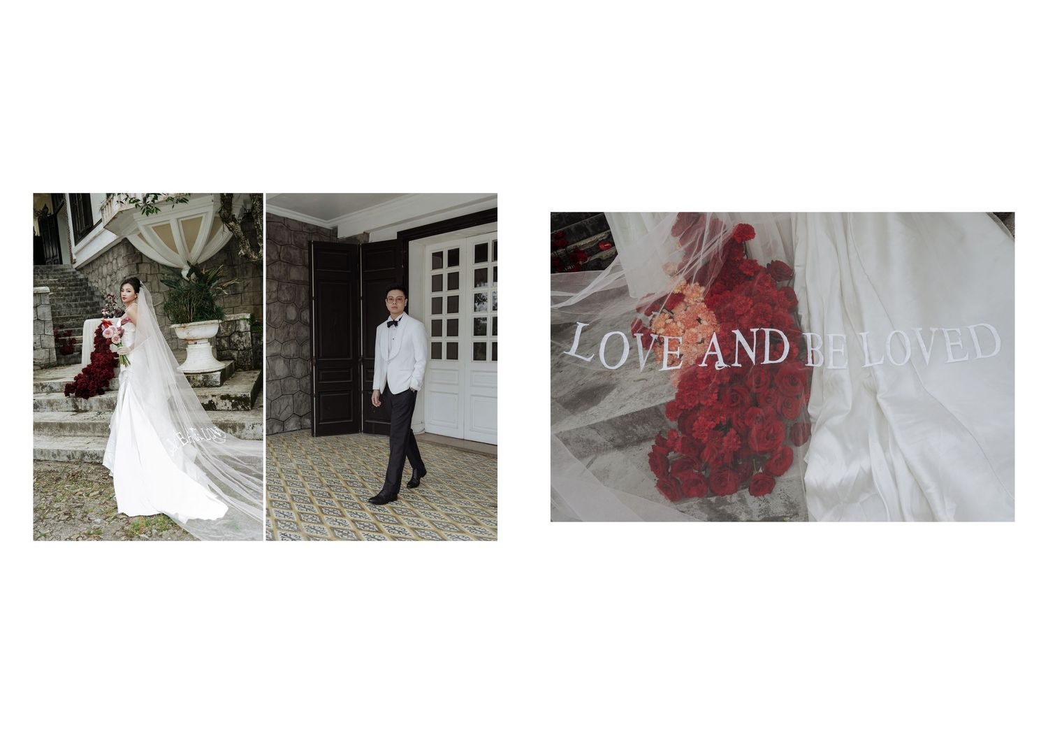 Elegant wedding couple portrait with bride in white gown holding red roses bouquet beside stone building.