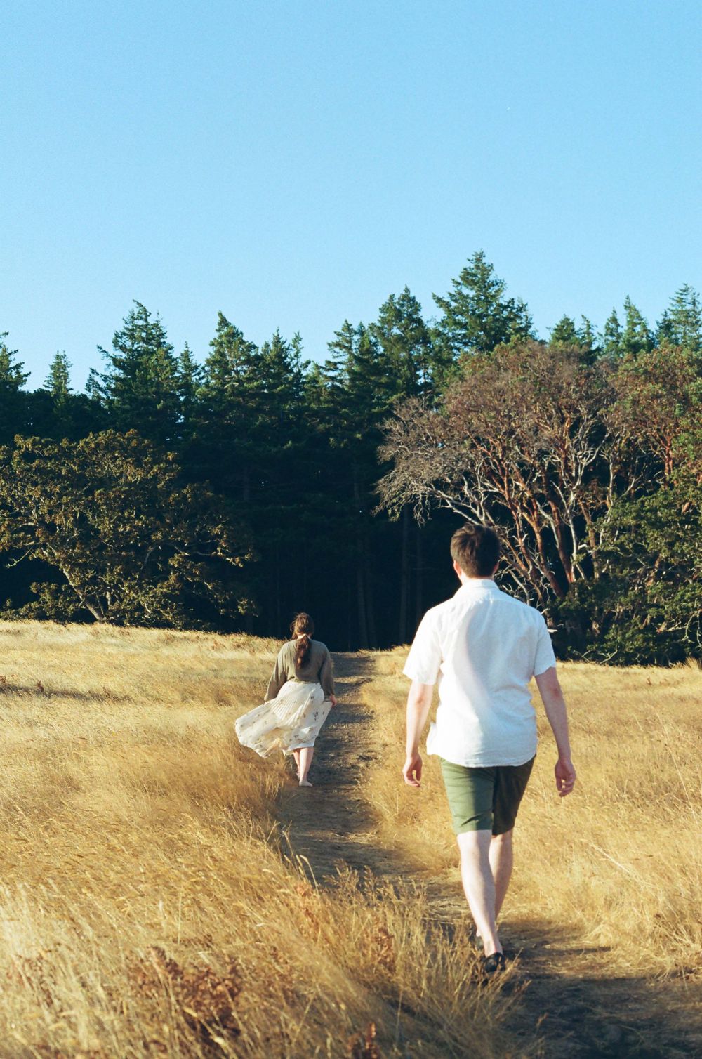 Two figures walking together on a scenic dirt trail through golden grass fields bordered by evergreen trees.