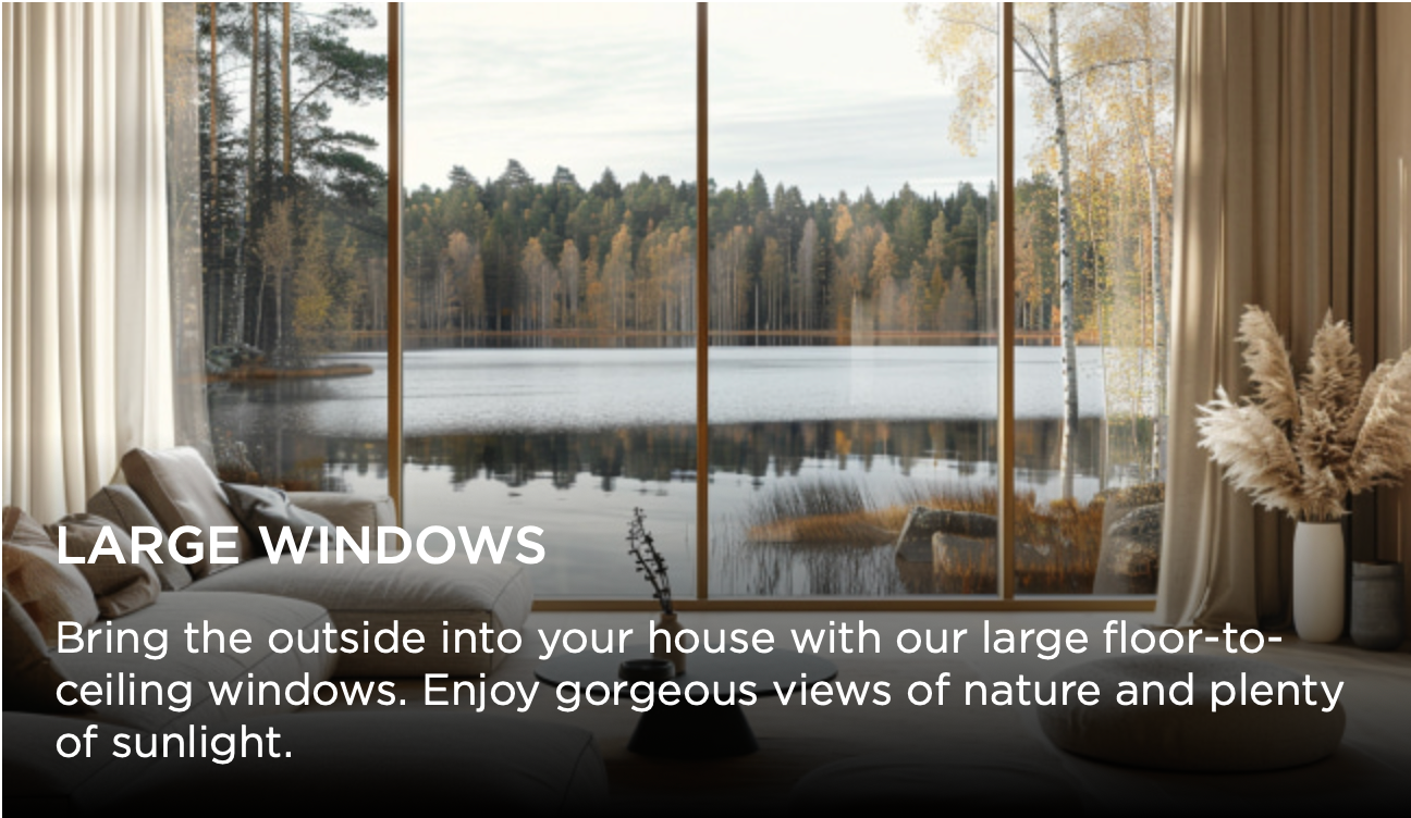 Modern home interior with floor-to-ceiling windows overlooking serene lake and forest landscape during autumn.