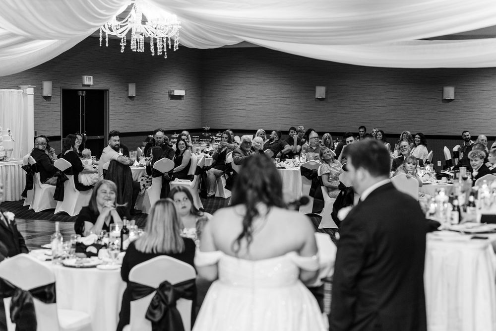 A black and white collage of wedding reception scenes showing guests dining and celebrating at elegant tables.