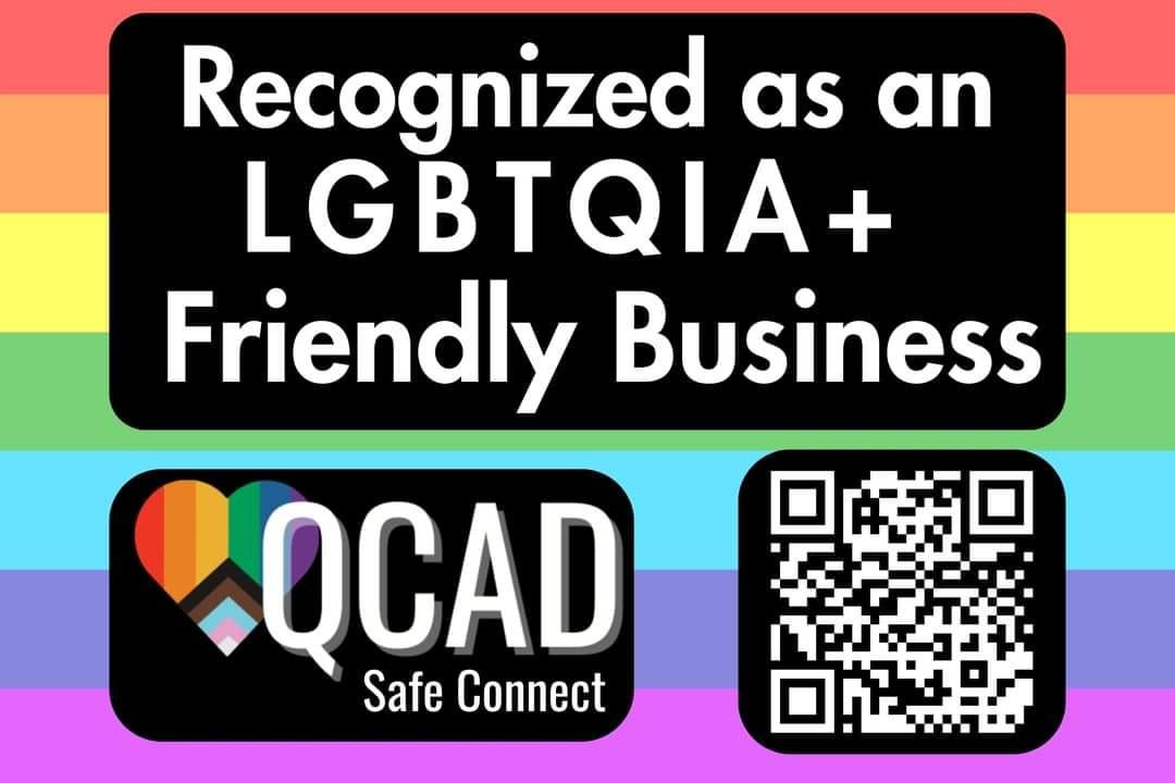 LGBTQIA+ Safe Connect certification badge with rainbow design and QR code. Quad Cities