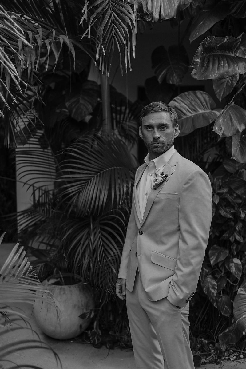 Groom portrait in black and white during intimate elopement at La Valise Tulum Riviera Maya wedding photography.