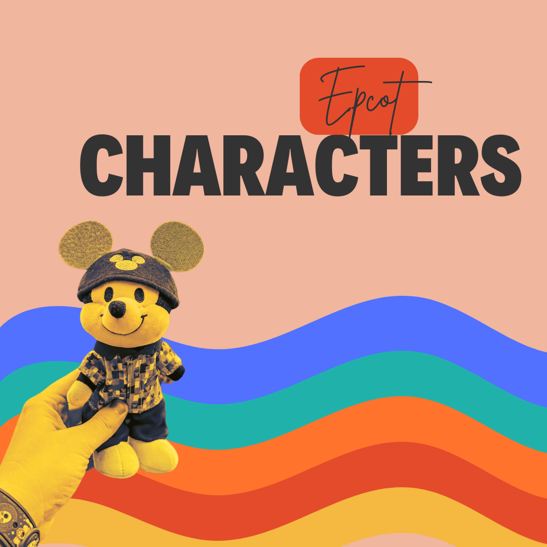 Epcot characters promotional image featuring a plush Mickey Mouse toy with rainbow wave design.