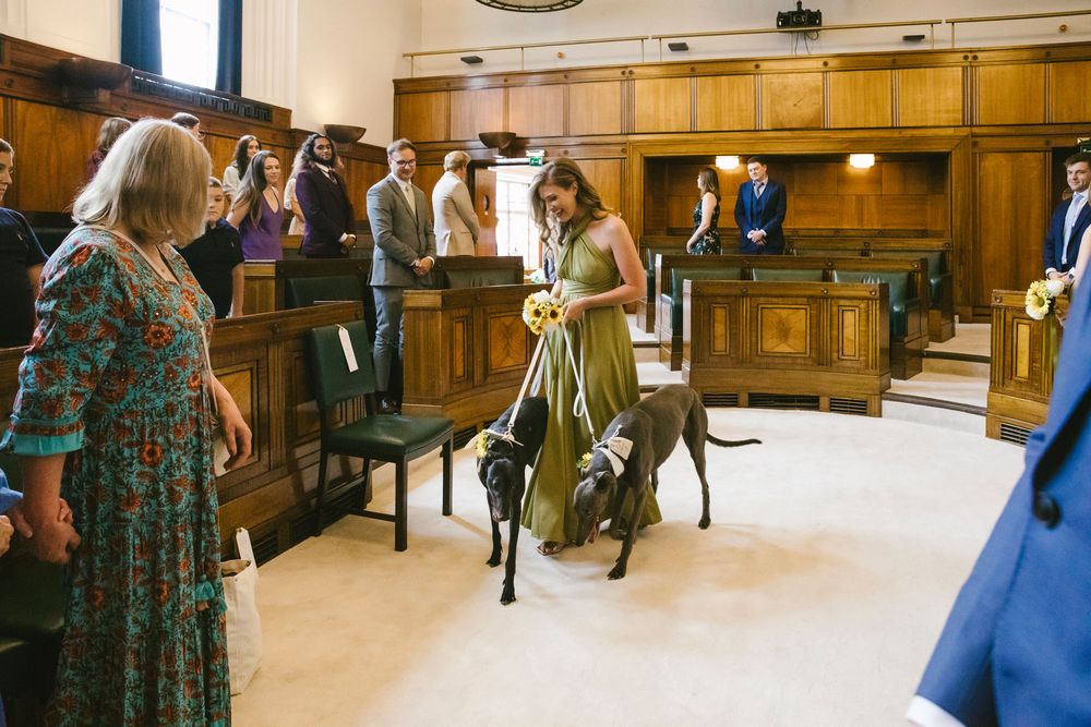 Bridesmaid in olive green dress walking two greyhound dogs down the aisle at an elegant wood-paneled wedding venue.