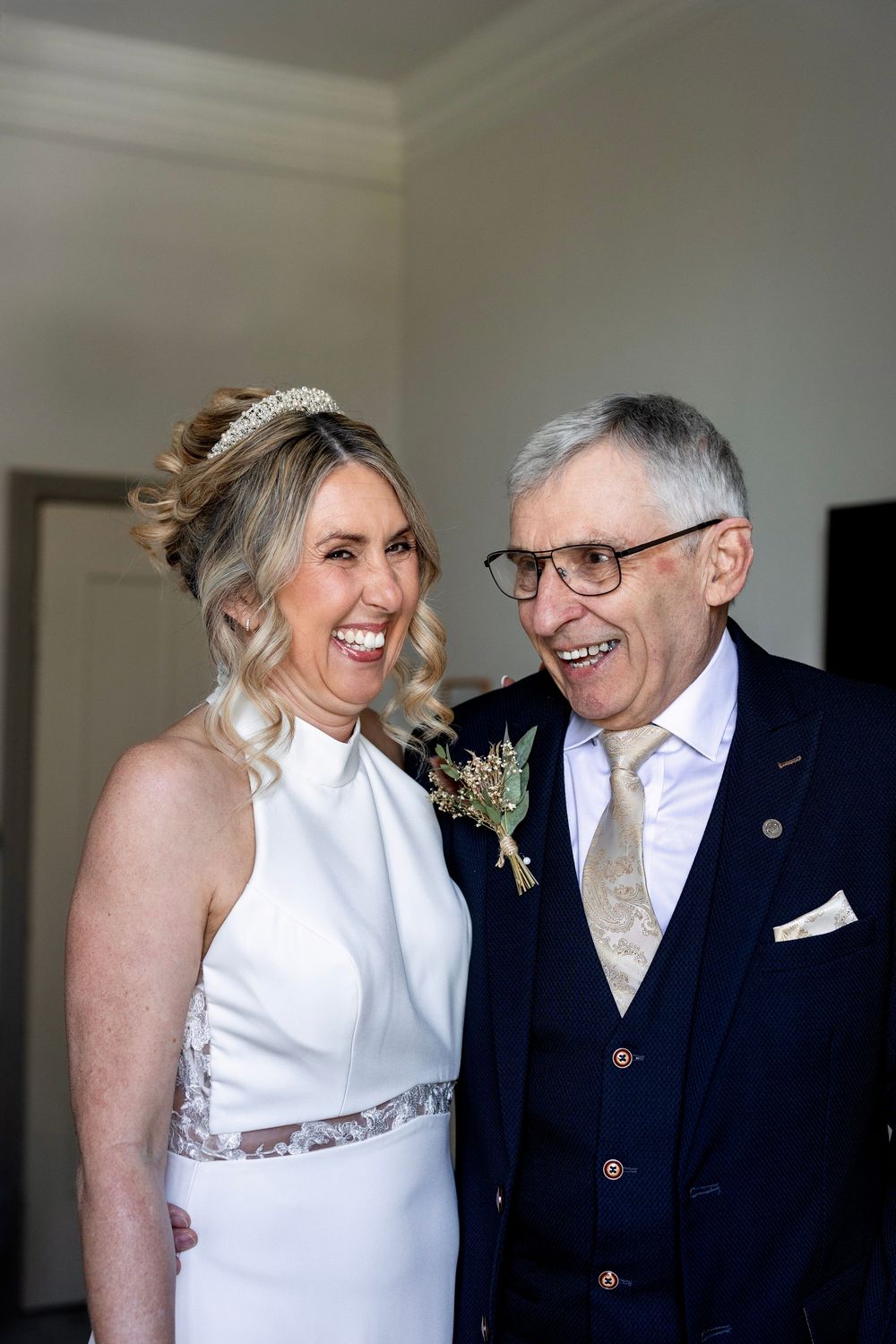A Bride and Her Dad having a laugh, Bradford on Avon, Wiltshire