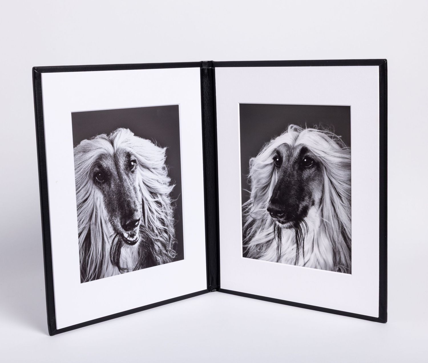 Black leather folio displaying two portraits of an Afghan Hound dog with long flowing white hair.