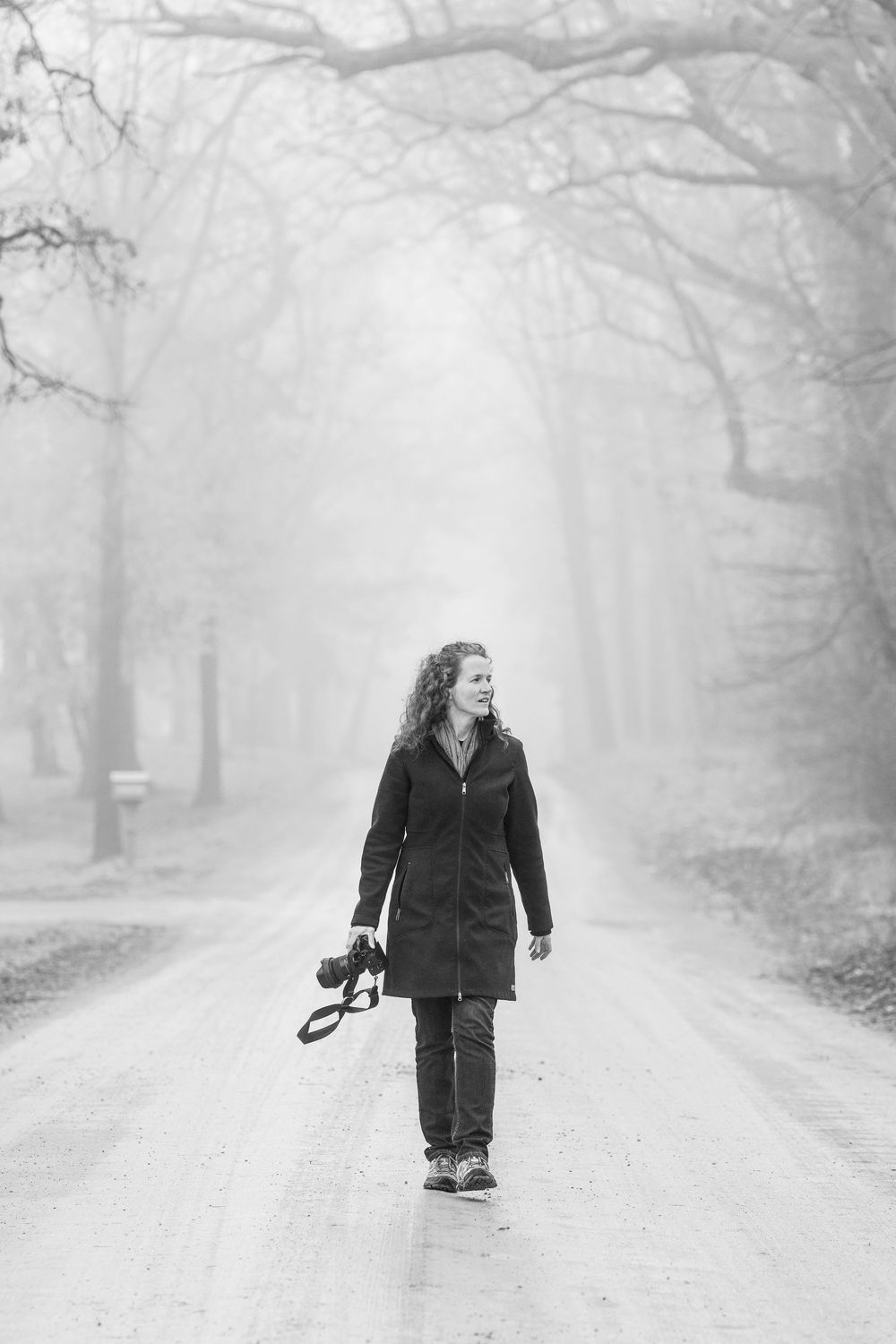 Foggy photographer portrait, black and white, beautiful Michigan commercial portrait
