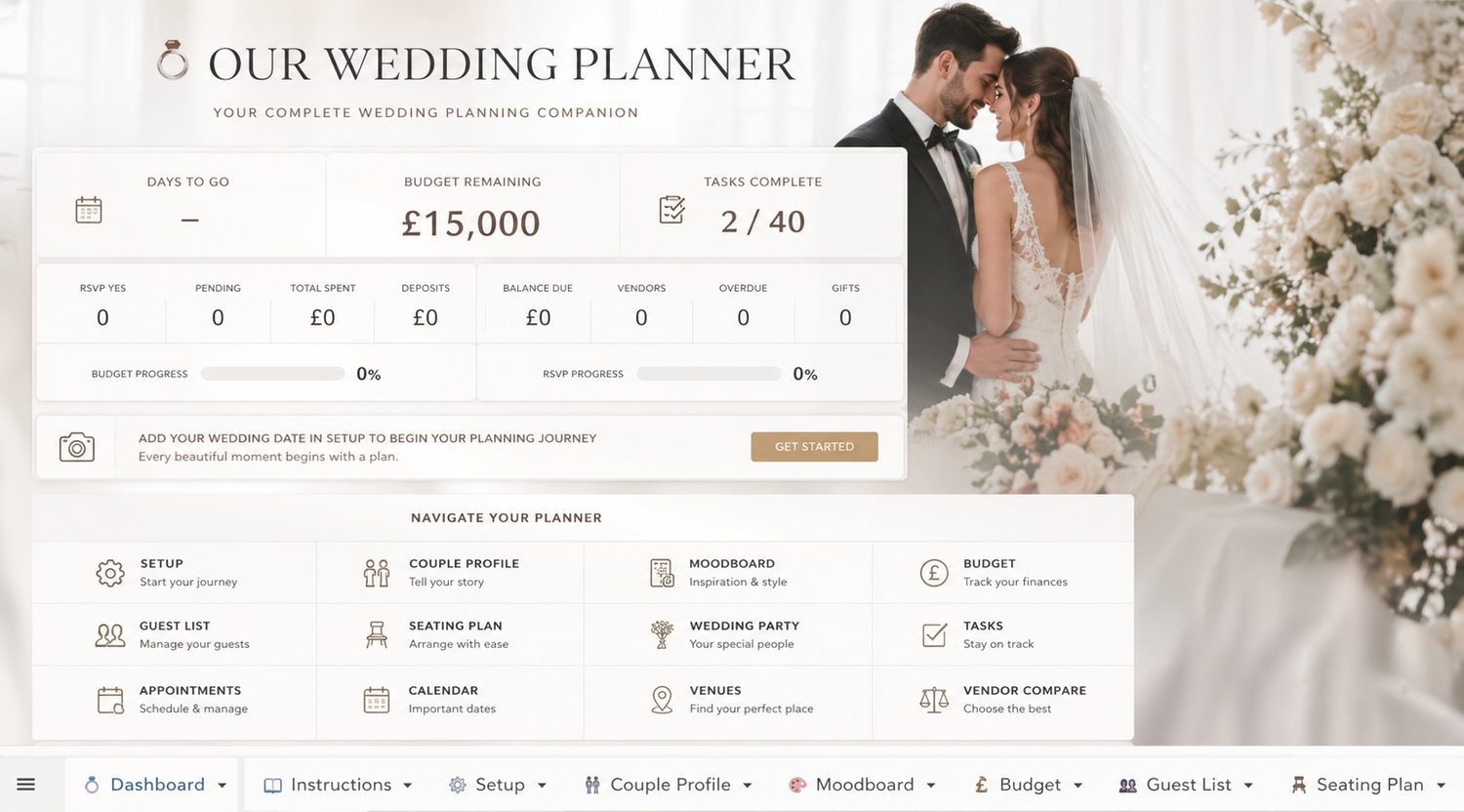 A tablet displaying a wedding planner app surrounded by elegant stationery, rings, lavender, and decorative items on a neutral background.