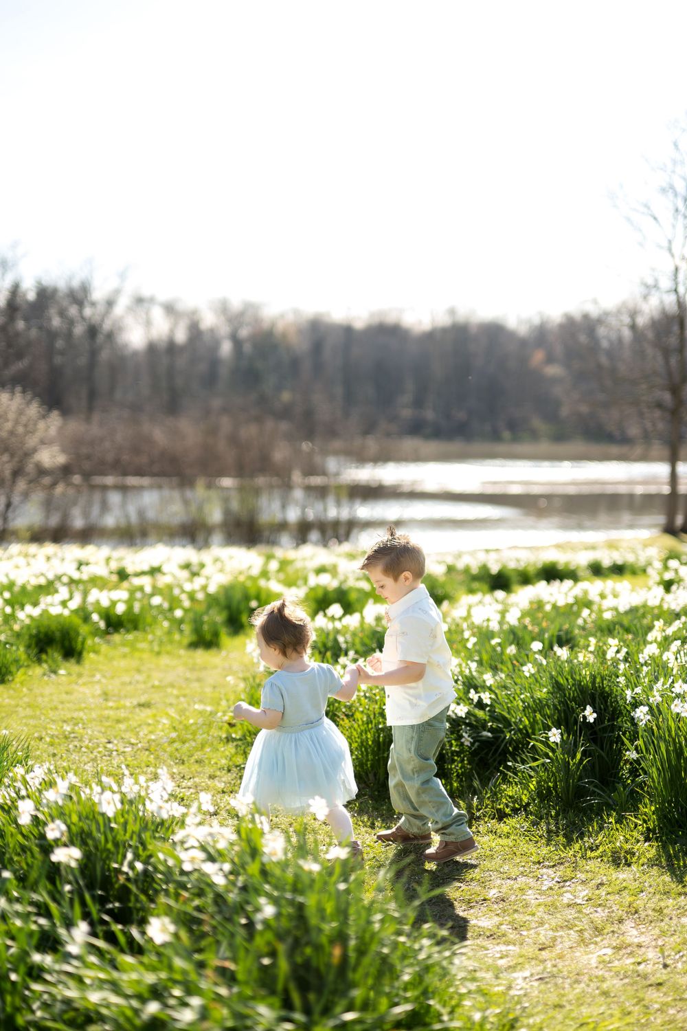 Two young children playing in a sunlit field of white daffodils near a pond in spring.