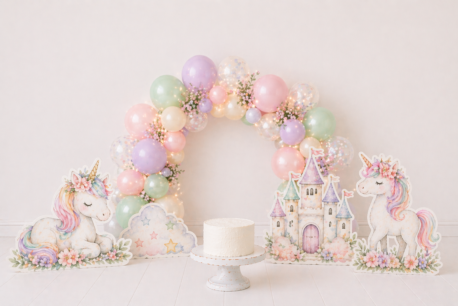 Pastel unicorn first birthday cake smash setup with balloon arch, rainbow, castle, and white cake.