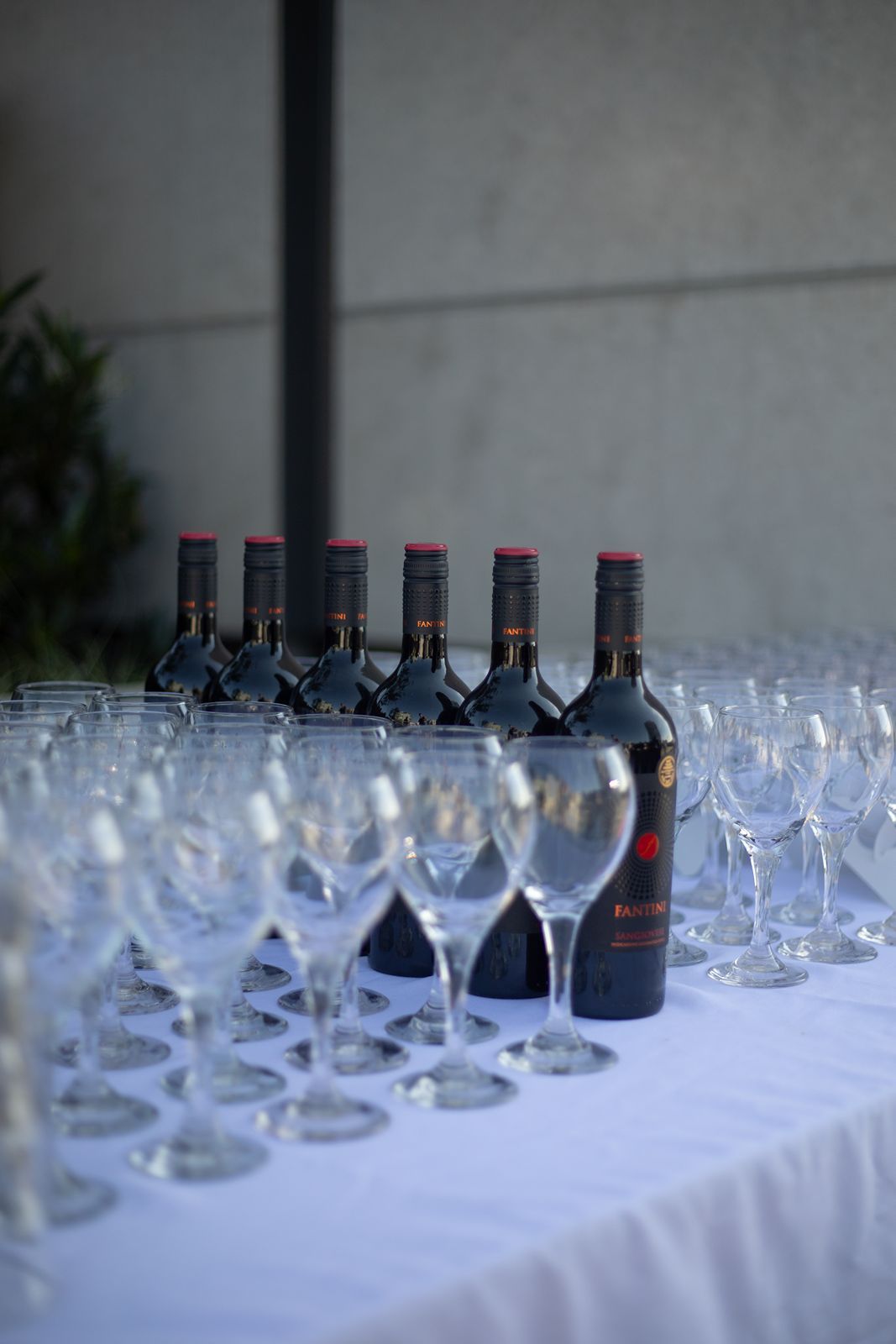 Red wine bottles and empty wine glasses arranged on a white tablecloth at a wedding.