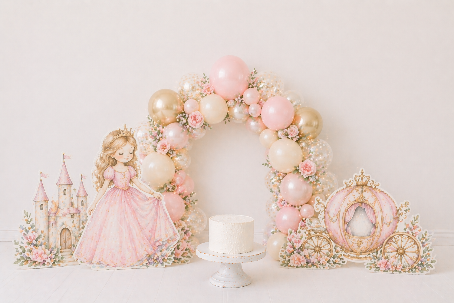 Princess birthday cake smash setup with pink balloon arch, floral decorations, castle cutout, and carriage backdrop.
