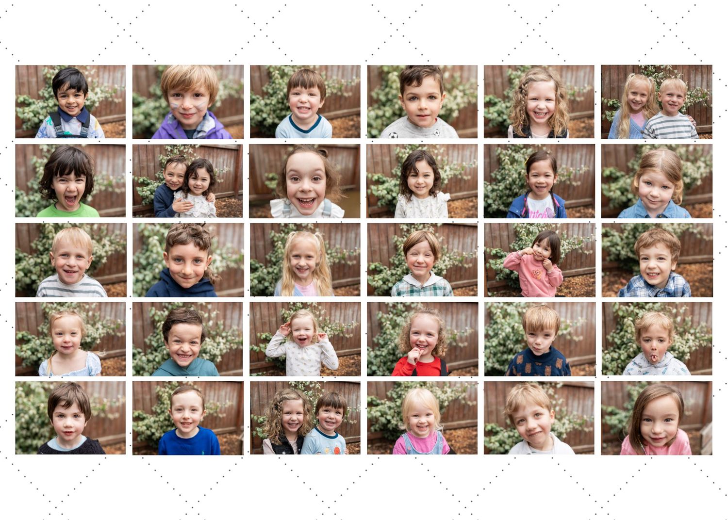 A photo collage grid showing multiple candid portraits of children in casual settings with various expressions and poses.
