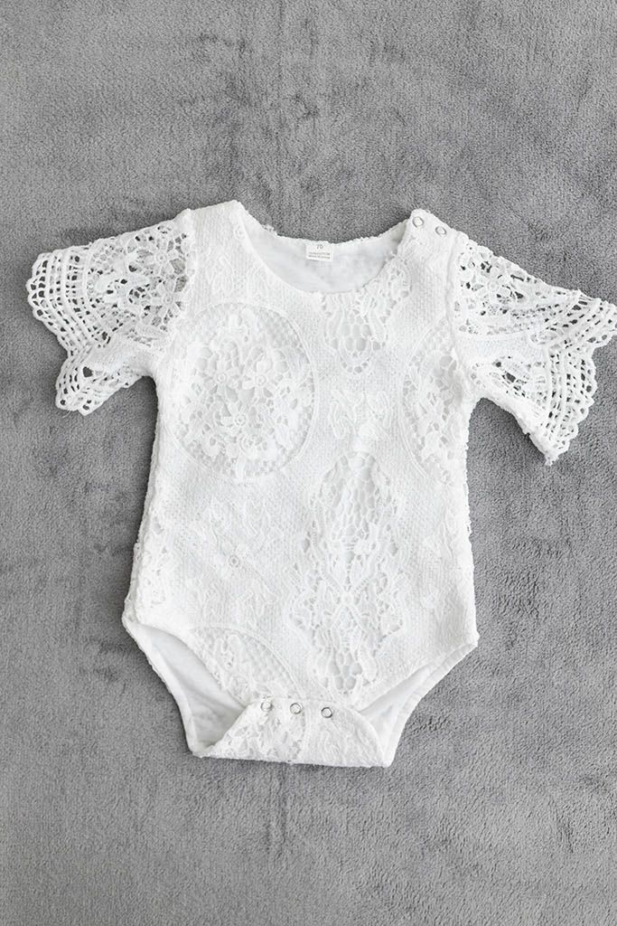 White crochet lace short sleeve baby bodysuit from Menifee baby photographer's client closet.