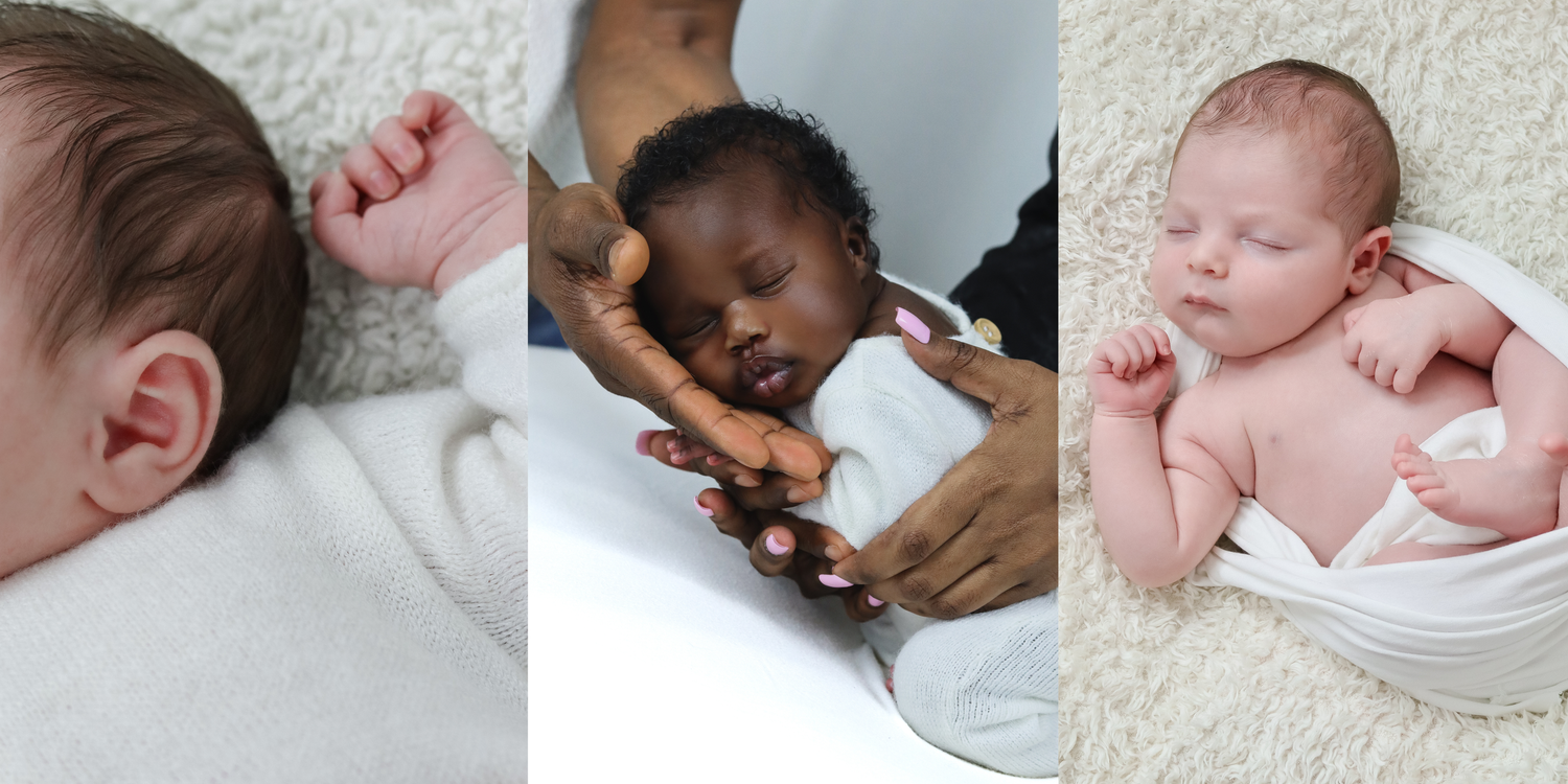 Triptych of newborn babies including a sleeping infant, a dark-skinned baby held by adult hands, and a peaceful resting newborn.