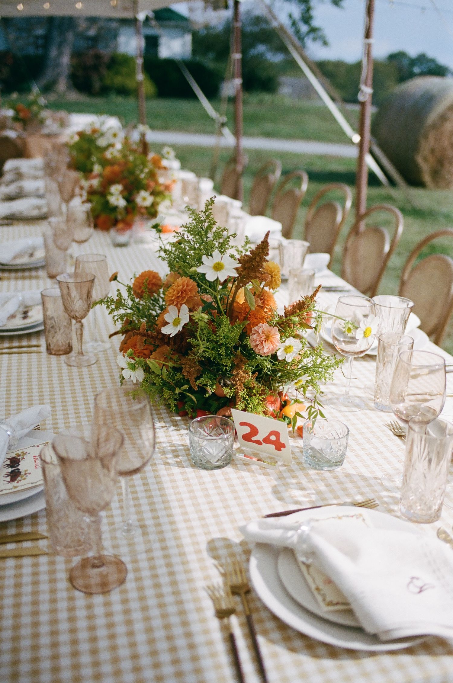 Elegant outdoor wedding reception table with gingham cloth, orange floral centerpieces, blush glassware, and white napkins under a tent.