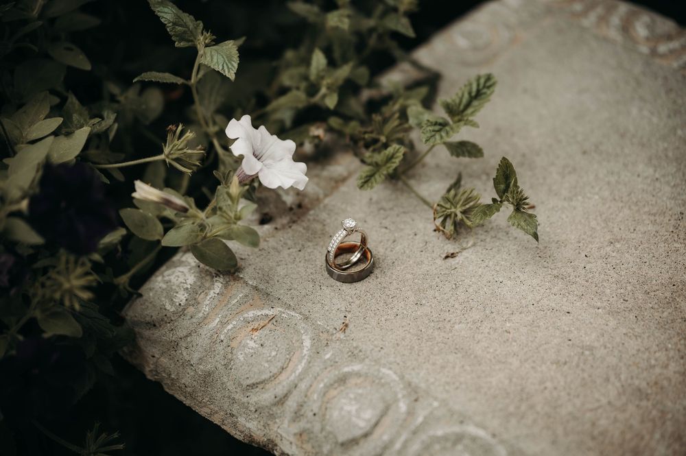 Wedding rings resting on a stone surface surrounded by delicate white flowers and greenery.