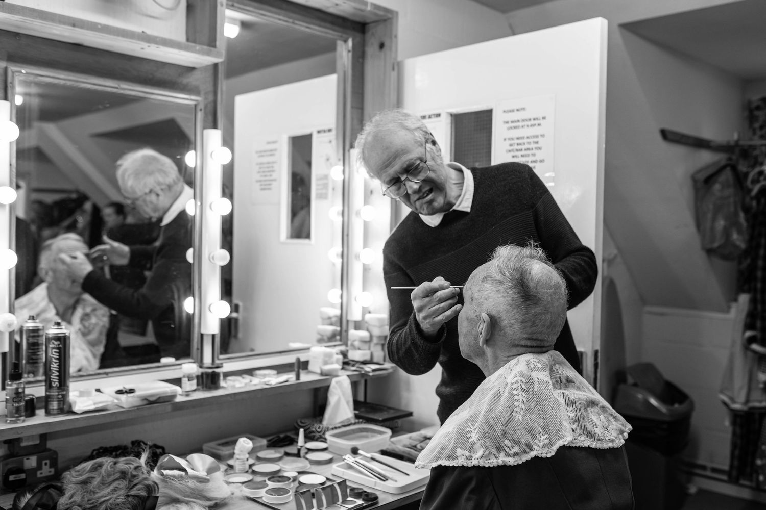 black and white image of behind the scenes of a theatre show in brighton of treasure island. Southwick players