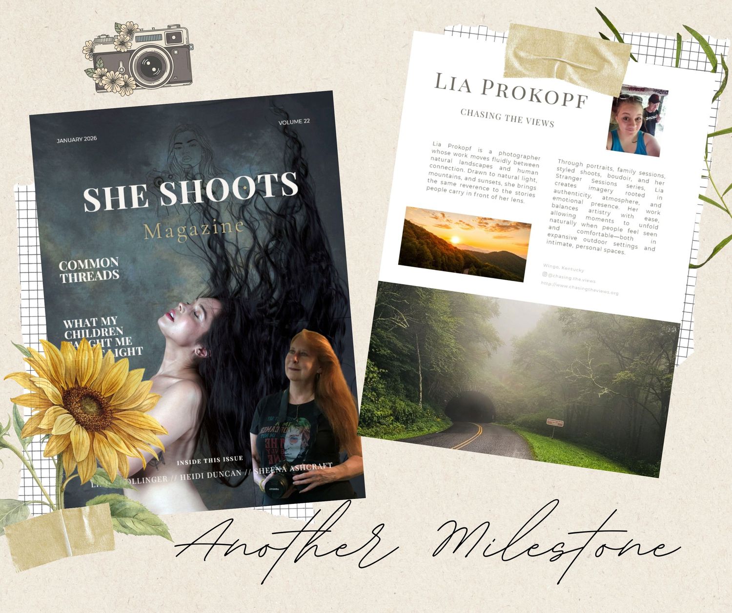 A magazine layout featuring 'She Shoots' cover art with a sunflower accent and misty forest road photography.