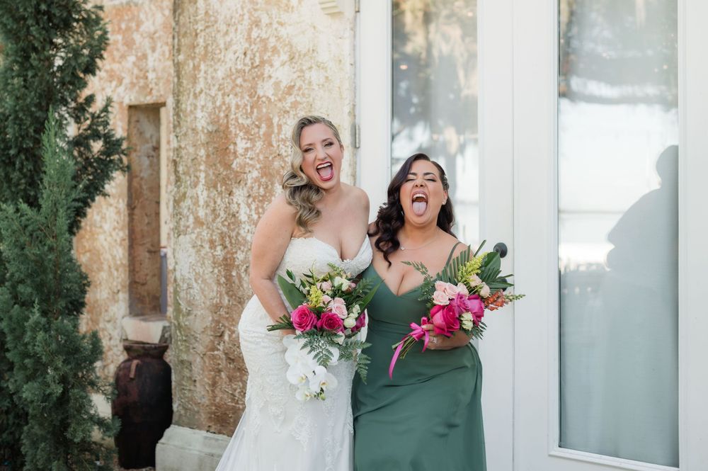 A group of wedding party photos showing joyful moments between people in white and sage green attire against a rustic backdrop.
