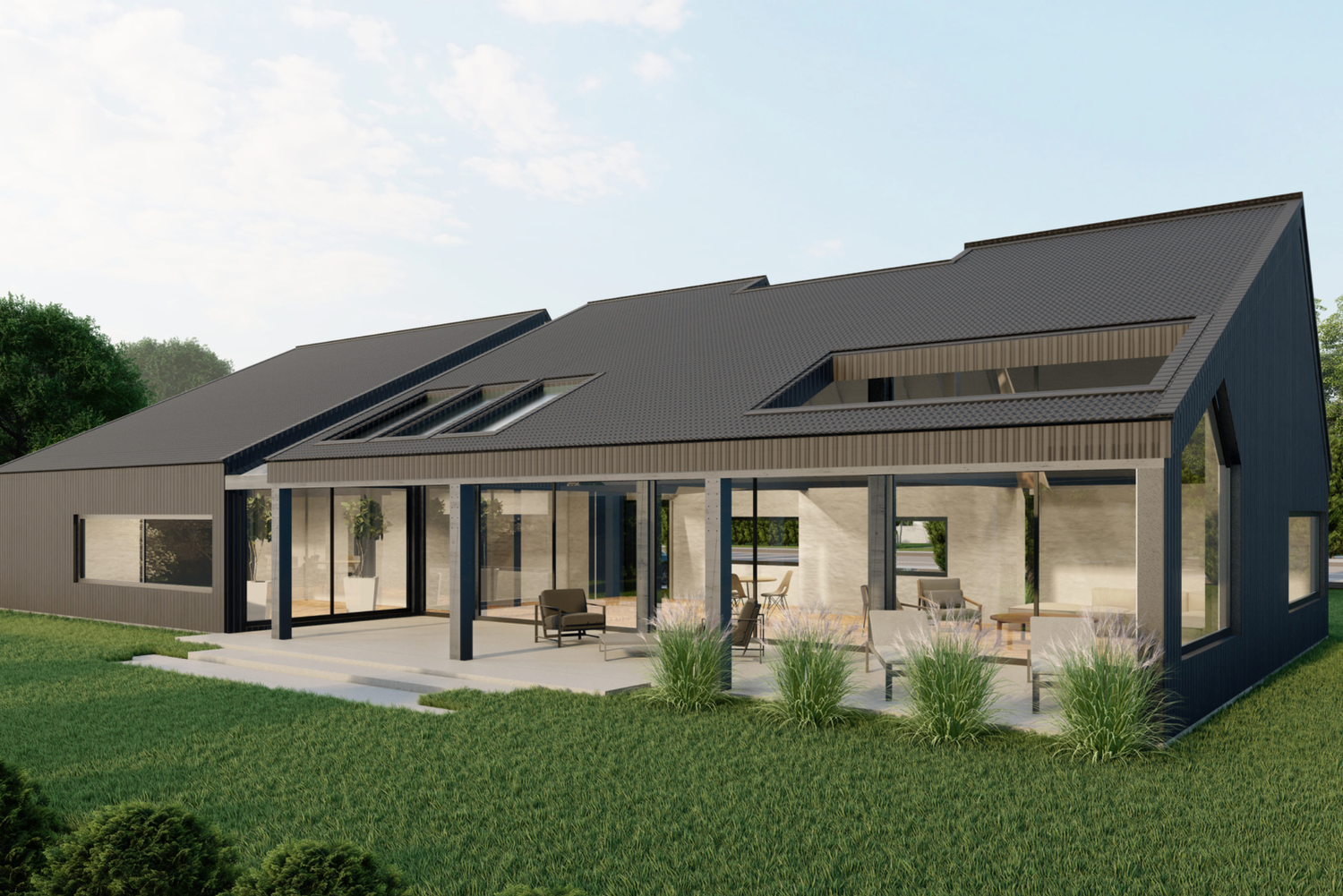 Modern architectural renderings show multiple angles of a sleek single-story home with dark roof and large windows.